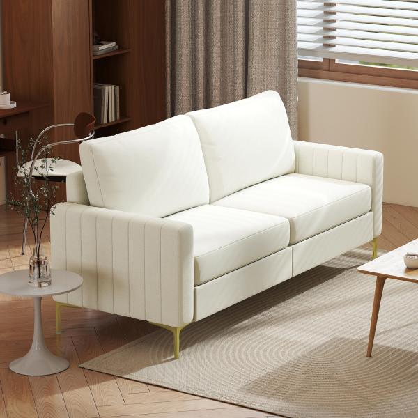 Sofá de 3 Lugares de 181 cm Estofado em Veludo com Almofadas Espessas Pernas de Metal Branco Creme