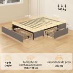 Cama de Casal 140x190 cm Estrado com 3 Gavetas e Estrutura Metálica Suporta 363 kg Cinzento