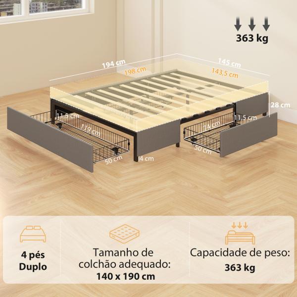 Cama de Casal 140x190 cm Estrado com 3 Gavetas e Estrutura Metálica Suporta 363 kg Cinzento