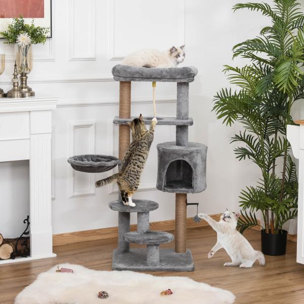Árvore Arranhador para Gatos com Plataforma Caverna Rede postes de Juta Corda e Bola Suspensa 48x48x120 cm Cinza