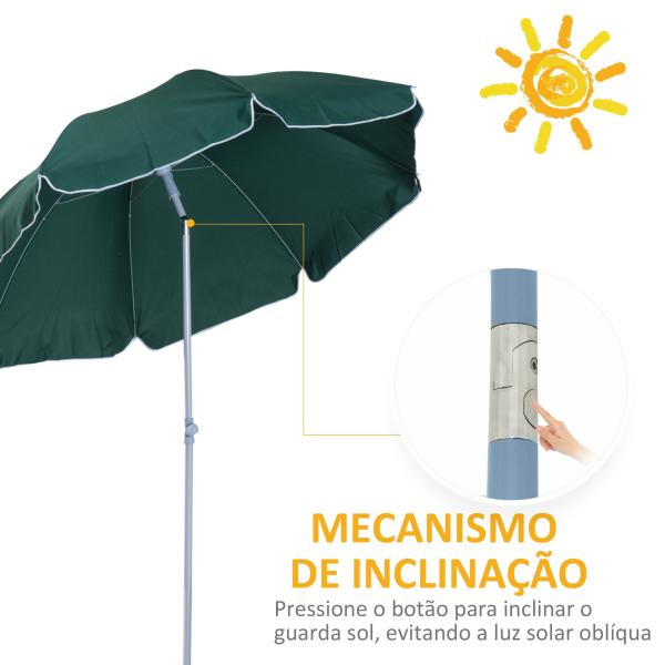 Guarda - sol de praia Ø200 cm de diâmetro Telhado Inclinado Poste Destacável e pico inferior Verde