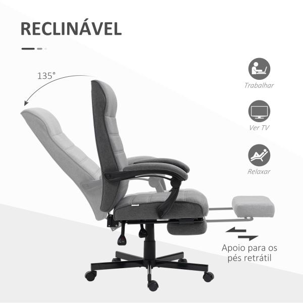 Cadeira de Escritório Giratória Reclinável com Altura Ajustável e Apoio para os Pés Retrátil 68x67x106 - 114 cm Cinza