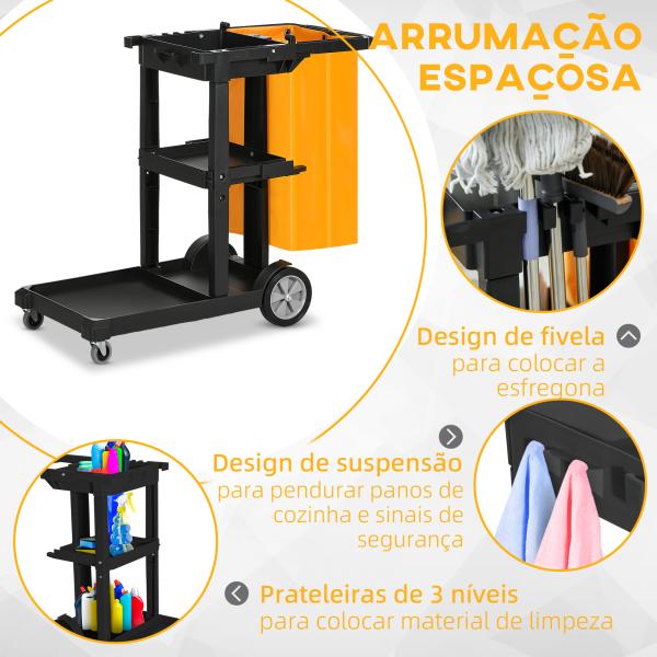 Carro de Limpeza com Bolsa Carrinho de Limpeza com Rodas e 3 Prateleiras 121x50,5x96,5 cm Preto e Amarelo