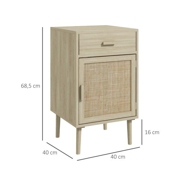 Conjunto de 2 Mesas de Cabeceira com Gaveta de Vime e Prateleira Ajustável para Quarto Sala 40x40x68,5 cm Carvalho