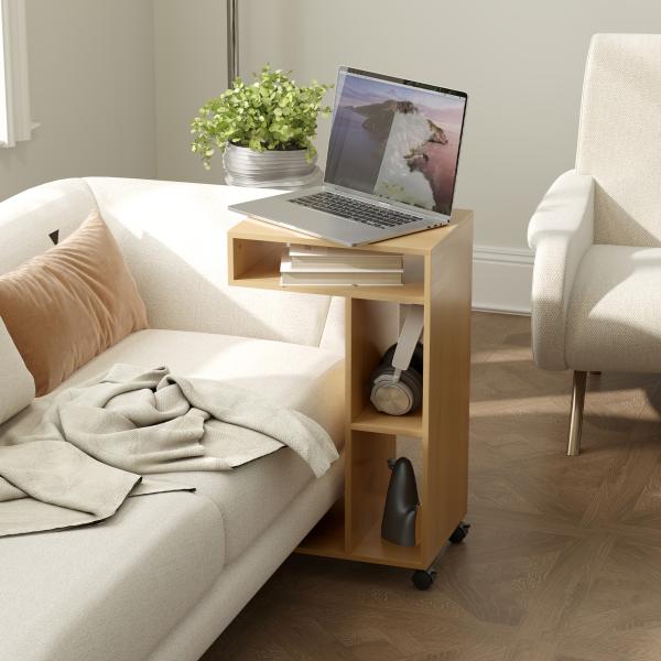 Mesa Auxiliar em Forma de C Mesa Auxiliar para Sofá com Rodas Compartimentos Abertos 40x30x69 cm Madeira