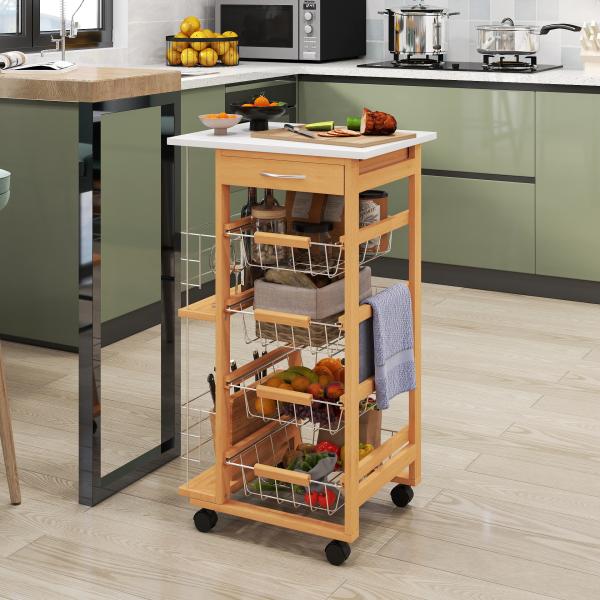 Carrinho de cozinha com bancada de madeira Cesta de armazenamento de fio de 4 camadas 47x 37x 83cm