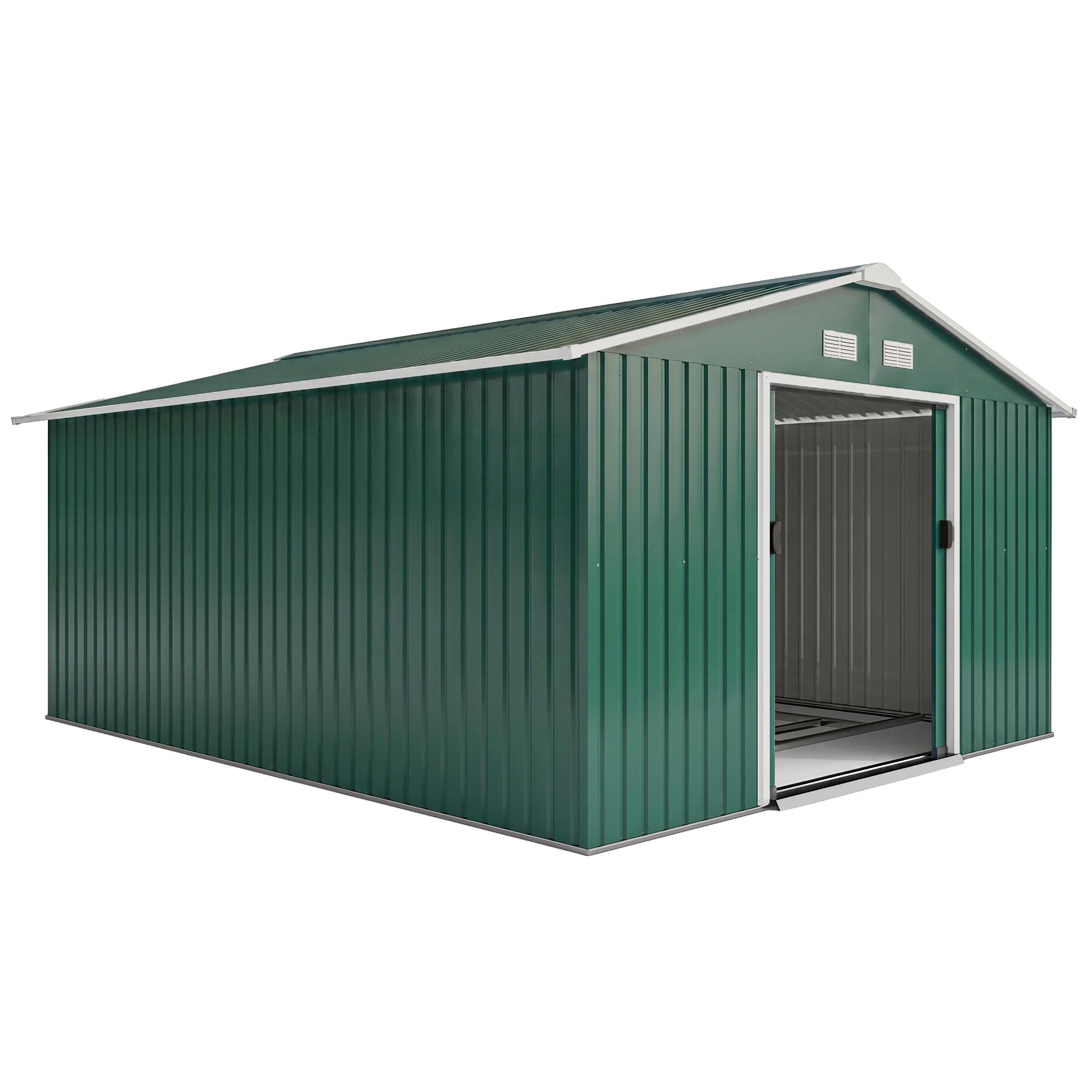 Abrigo de Jardim Metálico 340x386x200cm Abrigo para Armazenamento de Ferramentas com Base de Reforço Incluida Verde