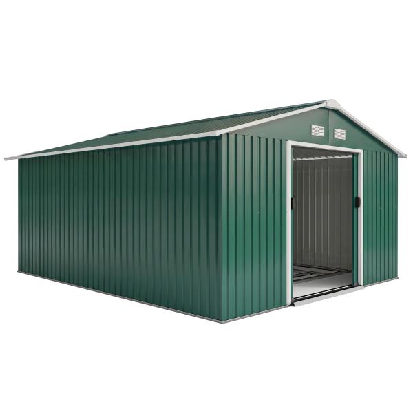 Abrigo de Jardim Metálico 340x386x200cm Abrigo para Armazenamento de Ferramentas com Base de Reforço Incluida Verde