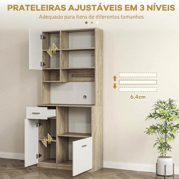Armário de Cozinha Alto com 3 Portas, 9 Prateleiras, Gaveta e Prateleiras Ajustáveis, Estilo Moderno, 80x35x180 cm, Branco e Carvalho