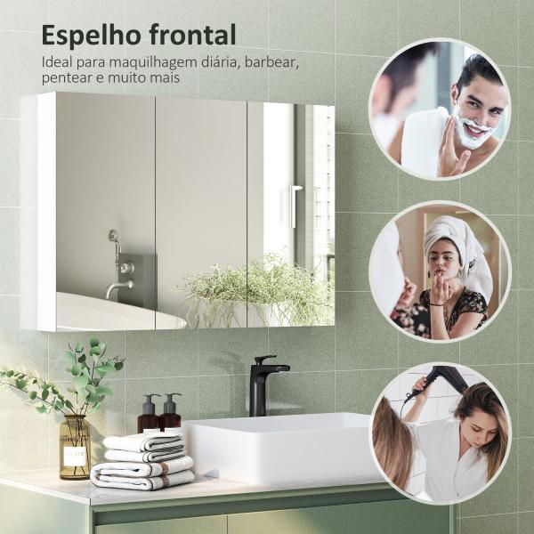 Armário de Casa de Banho com Espelho Armário de Parede Casa de Banho Suspenso com 3 Portas Prateleiras Ajustáveis 91,5x11,5x65 cm Branco
