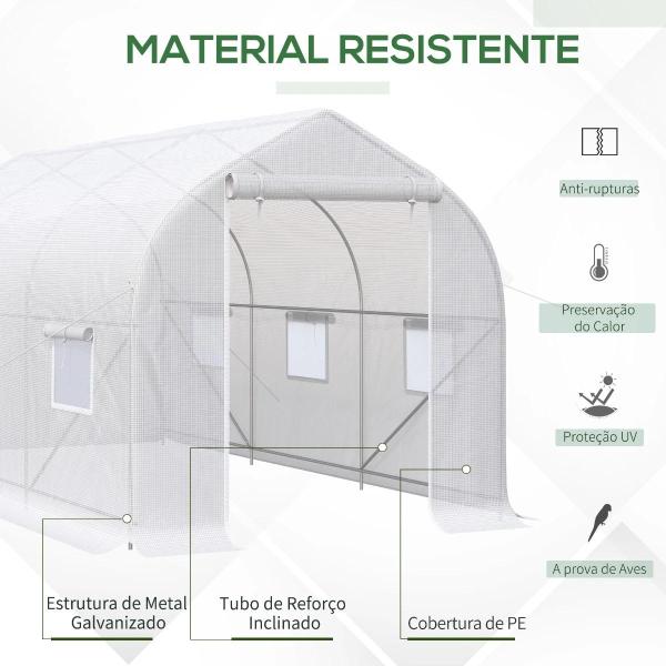Estufa Tipo Túnel 400x200x200cm Estufa de Jardim com 6 Janelas Transpiráveis e Portas Enrolável com Zíper para Cultivo de Plantas e Verduras Branco