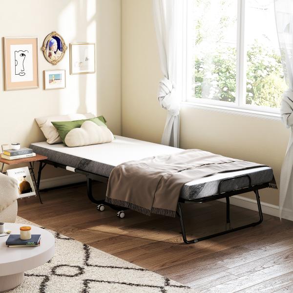 Cama Dobrável 200x90x42,5cm Cama de Campismo Portátil com Colchão Individual Rodas e Freios Carga Máxima 150kg para Dormitórios Branco