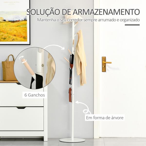 Cabide de Pé de Madeira com 6 Ganchos para Roupa Bolsas e Estrutura de Metal 35x35x174cm Branco e Madeira
