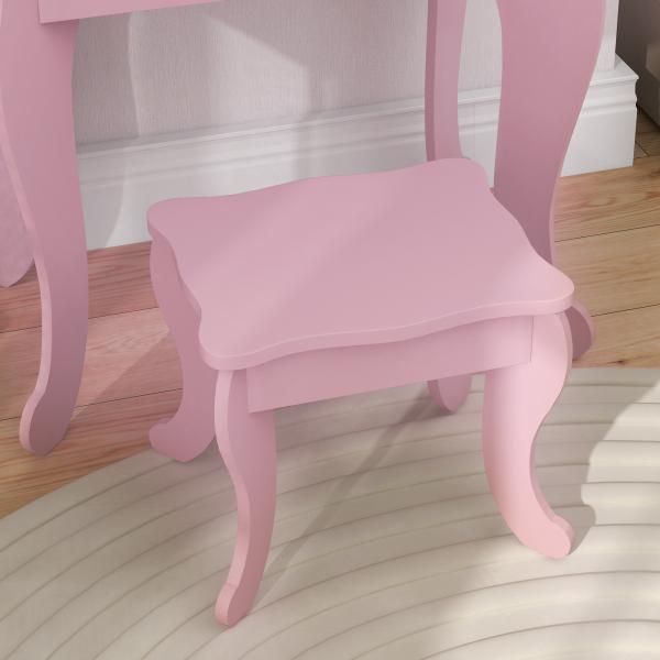 Toucador Infantil de Madeira com Banco e Espelho de Acrílico de 2 Seções Mesa de Maquilhagem Infantil 63x40x85,5 cm Rosa