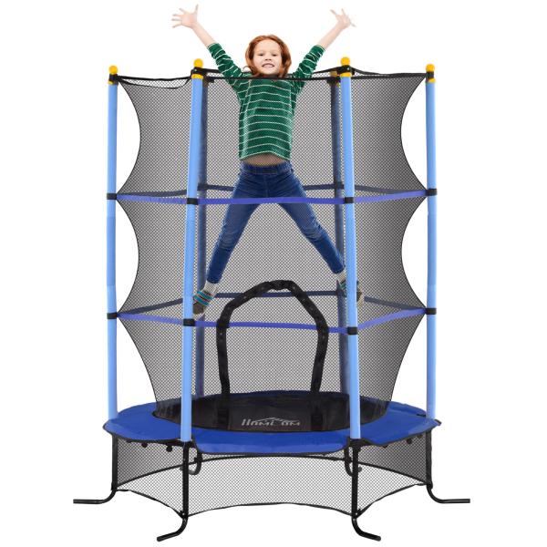 Trampolim para Crianças com Rede de Segurança e Estrutura de Aço para Interiores e Exteriores Carga 50 kg Ø163x190 cm Azul