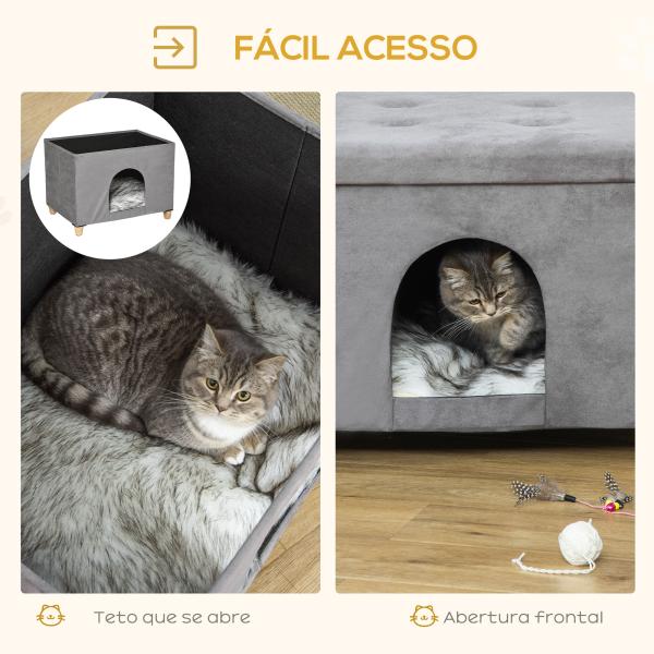 Caverna para Gatos 2 em 1 Banco para Apoio dos Pés com Tampa Removível Orifício de Entrada Almofada Lavável e Pés Elevados de Madeira para Interior 60x45x44,5cm Cinza