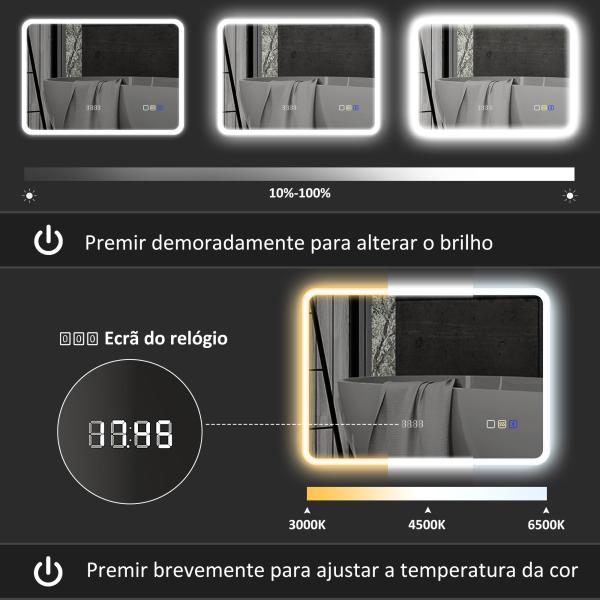 Espelho de Casa de Banho com Luz LED 70x50 cm Bluetooth 3 Cores de Luz Relógio Digital Função Antiembaciamento Função de Memória Prata