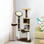 Árvore Arranhador para Gatos Grande Altura 153cm Torre de Escalada para Gatos com Caverna Redes Plataformas Postes Arranhadores de Sisal e Bola Suspensa Marrom e Bege