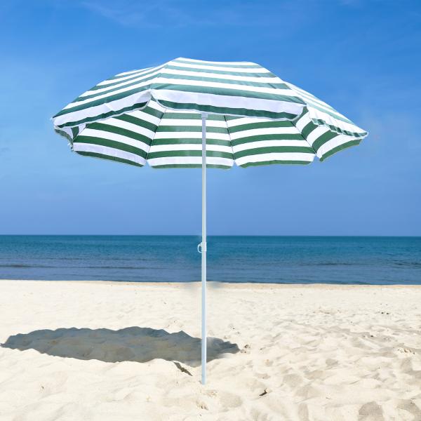 Chapéu de Sol de Praia Ø180cm com Teto Inclinável e Mastro de Metal Proteção Solar para Jardim Terraço Exterior Listras Verdes e Branco