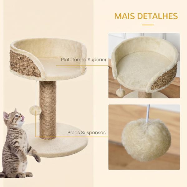 Arranhador para Gatos Pequeno 49 cm com Poste em Juta, Cama e Bola Pendente, 40x40x49 cm, Bege