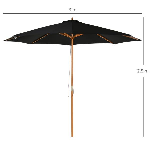 Chapéu de Sol de Jardim Ø300x250cm com Sistema de Polia Teto Ventilado e Mastro Desmontável de Madeira para Terraço Pátio Exterior Preto