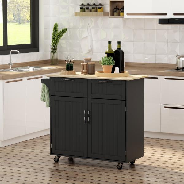 Carrinho de Cozinha com Rodas Móvel Auxiliar de Cozinha com 2 Gavetas 2 Portas Prateleira Ajustável 104x46x91 cm Preto