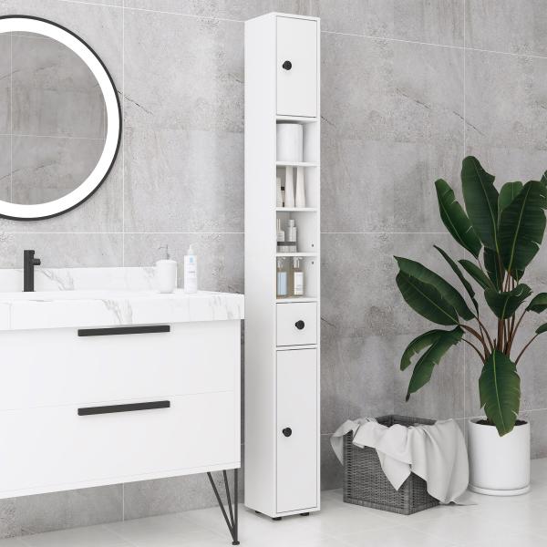 Coluna Casa de Banho Moderna com 1 Gaveta 5 Prateleiras Ajustáveis e 2 Armários 20x20x180 cm Branco