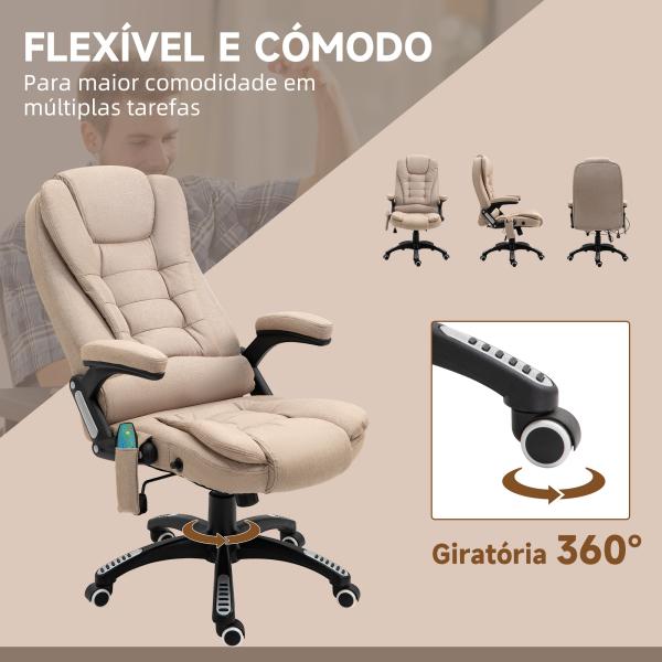 Cadeira de Escritório com Massagem 6 Pontos Reclinável até 130° com Função de Aquecimento 67x74x107 - 116 cm Castanho Claro
