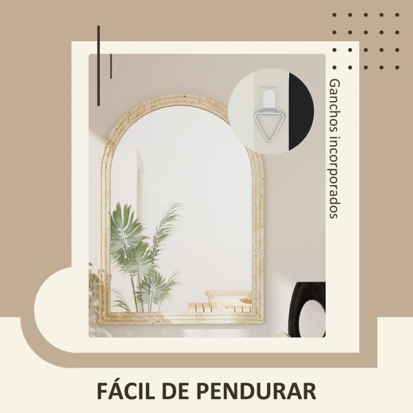 Espelho de Parede Arqueado Espelho de Casa de Banho 60x90 cm com Moldura de Imitação de Pedra Bege