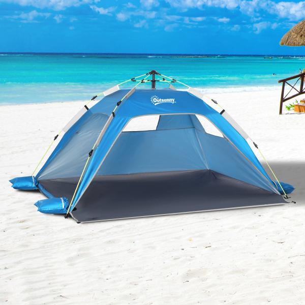 Tenda de Praia Dobrável Tenda de Praia Pop - up 1 - 2 Pessoas com 2 Portas 2 Janelas e Bolsa de Transporte 220x173x120 cm Azul