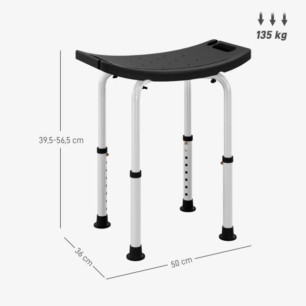 Banco de Duche com Altura Ajustável em 8 Posições com Base de Borracha Antiderrapante 50x36x39,5 - 56,5 cm Preto