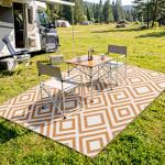 Tapete de Exterior Reversível de Plástico Impermeável para para Varanda Pátio Campismo Praia 182x274cm Marrom e Branco