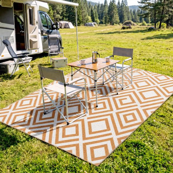 Tapete de Exterior Reversível de Plástico Impermeável para para Varanda Pátio Campismo Praia 182x274cm Marrom e Branco