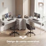 Secretária de Canto Reversível com 6 Gavetas 126x48 cm com Tomada de Energia Porta USB e USB - C Branco