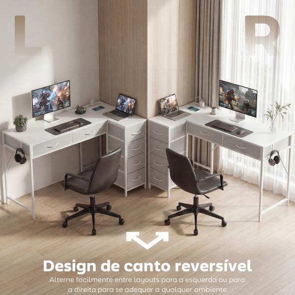 Secretária de Canto Reversível com 6 Gavetas 126x48 cm com Tomada de Energia Porta USB e USB - C Branco