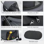 Carrinho para Animais de Estimação Dobrável com Janela de Malha Almofada Lavável Arnês de Segurança 82x47x97cm Cinza
