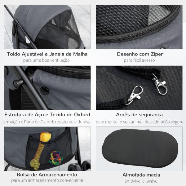 Carrinho para Animais de Estimação Dobrável com Janela de Malha Almofada Lavável Arnês de Segurança 82x47x97cm Cinza