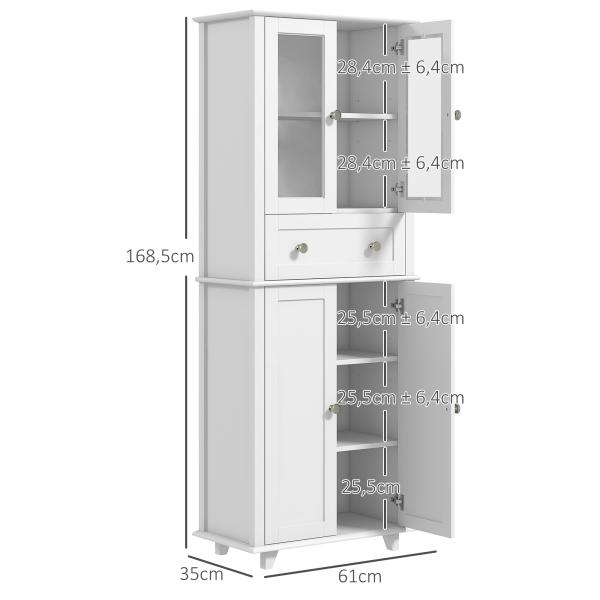 Armário de Cozinha Móvel Auxiliar de Cozinha com 2 Portas de Vidro Gaveta e Prateleiras Ajustáveis 61x35x168,5 cm Branco