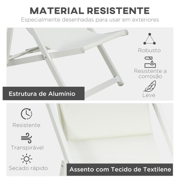 Conjunto de 2 Espreguiçadeiras Dobráveis de Alumínio com Encosto Ajustável em 5 Posições e Apoio de Cabeça 60x100x85 cm Branco