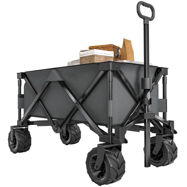 Carrinho de Transporte Dobrável com Rodas Giratórias 360° e Guiador Ajustável 59 - 89 cm para Campismo Praia 108x55x61 - 91 cm Cinza Escuro