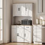 Armário de Cozinha Alto Móvel Auxiliar de Cozinha com Bancada Aberta para Micro - Ondas 2 Gavetas Prateleiras Ajustáveis 94x39,5x175,2 cm Branco