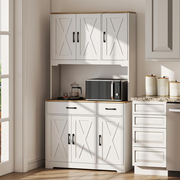 Armário de Cozinha Alto Móvel Auxiliar de Cozinha com Bancada Aberta para Micro - Ondas 2 Gavetas Prateleiras Ajustáveis 94x39,5x175,2 cm Branco
