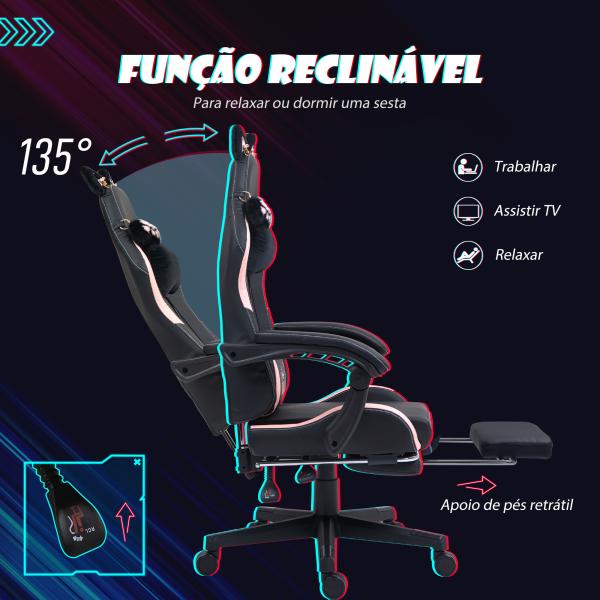 Cadeira Gaming com Orelhas Cadeira Gamer Reclinável com Altura Ajustável e Suporte Lombar 65x62x116 - 124 cm Preto e Rosa