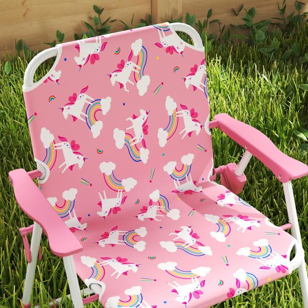 Conjunto Infantil de Mesa e Cadeiras de Jardim de 4 Peças Cadeiras Dobráveis Chapéu de Sol Desmontável Design Unicórnios Rosa