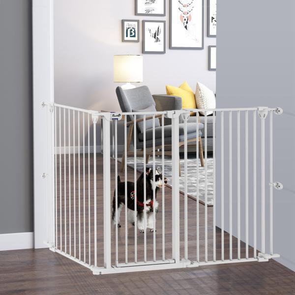 Barreira para Cães de Aço Barreira de Segurança para Animais de Estimação Dobrável de 3 Painéis Duplo Fechamento 206x90 cm Branco