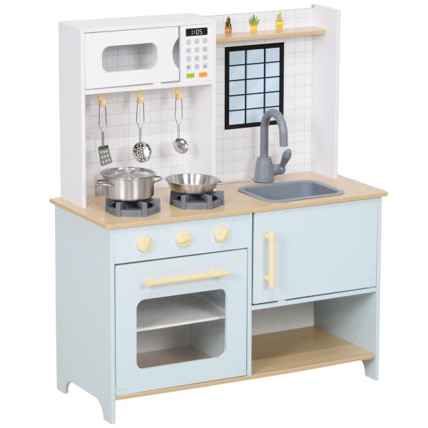 Cozinha de Madeira para Crianças acima de 3 Anos Cozinha de Brincar Infantil com Som Fogão Lavatório Micro - Ondas e Acessórios Azul