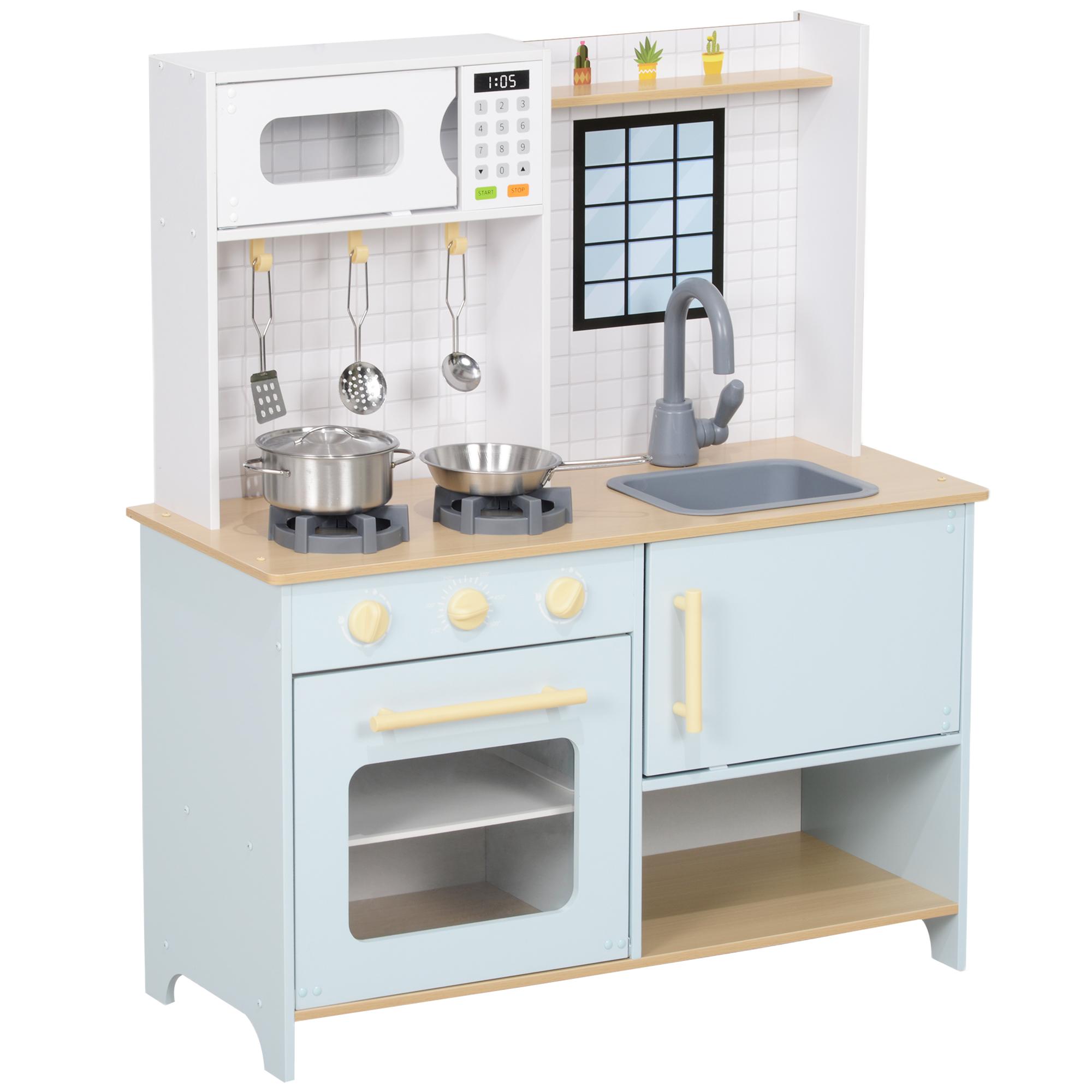 Cozinha de Madeira para Crianças acima de 3 Anos Cozinha de Brincar Infantil com Som Fogão Lavatório Micro - Ondas e Acessórios Azul