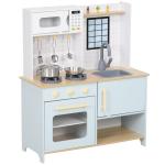 Cozinha de Madeira para Crianças acima de 3 Anos Cozinha de Brincar Infantil com Som Fogão Lavatório Micro - Ondas e Acessórios Azul