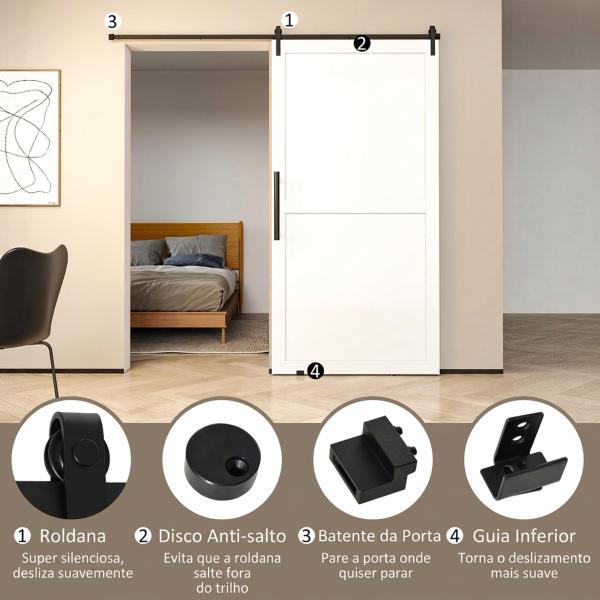 Ferragens para Porta Corredeira 200cm Kit de Acessórios para Porta Corredeira de Madeira com 2 Trilhos de Aço Carga Máxima 20 kg Preto