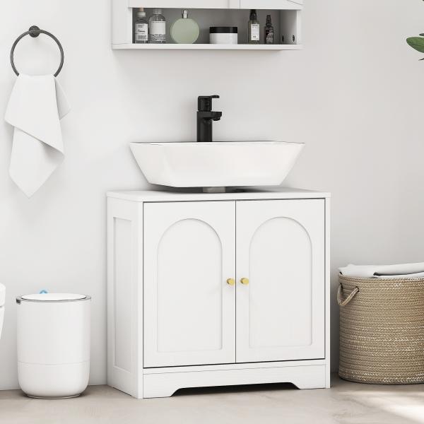 Móvel para Lavatório Pousar com 2 Portas em Arco Puxadores Dourados para Lavatório com ou sem Pedestal 60x30x65 cm Branco